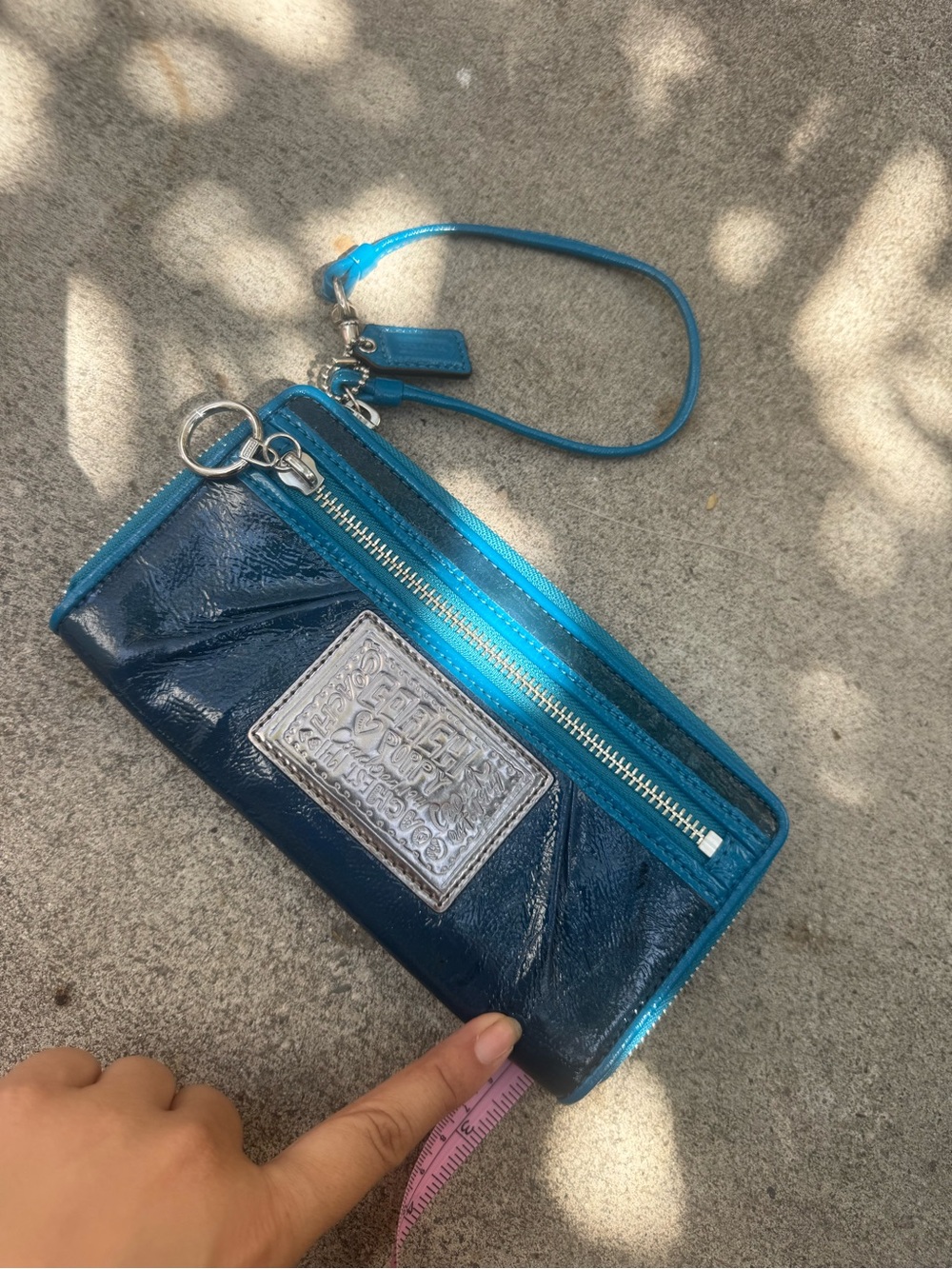 Coach poppy Blue Wristlet Wallet with Silver Patch